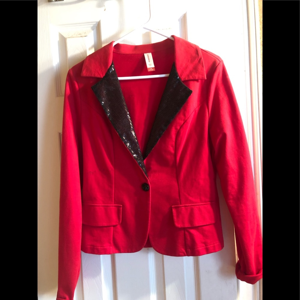 Red blazer with sparkly black collar